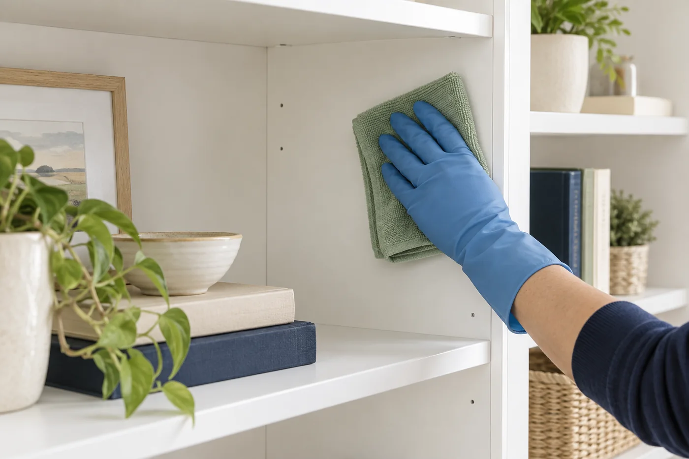 Blue-gloved hand wiping an inner bookcase panel beside plants and books with a sage cloth