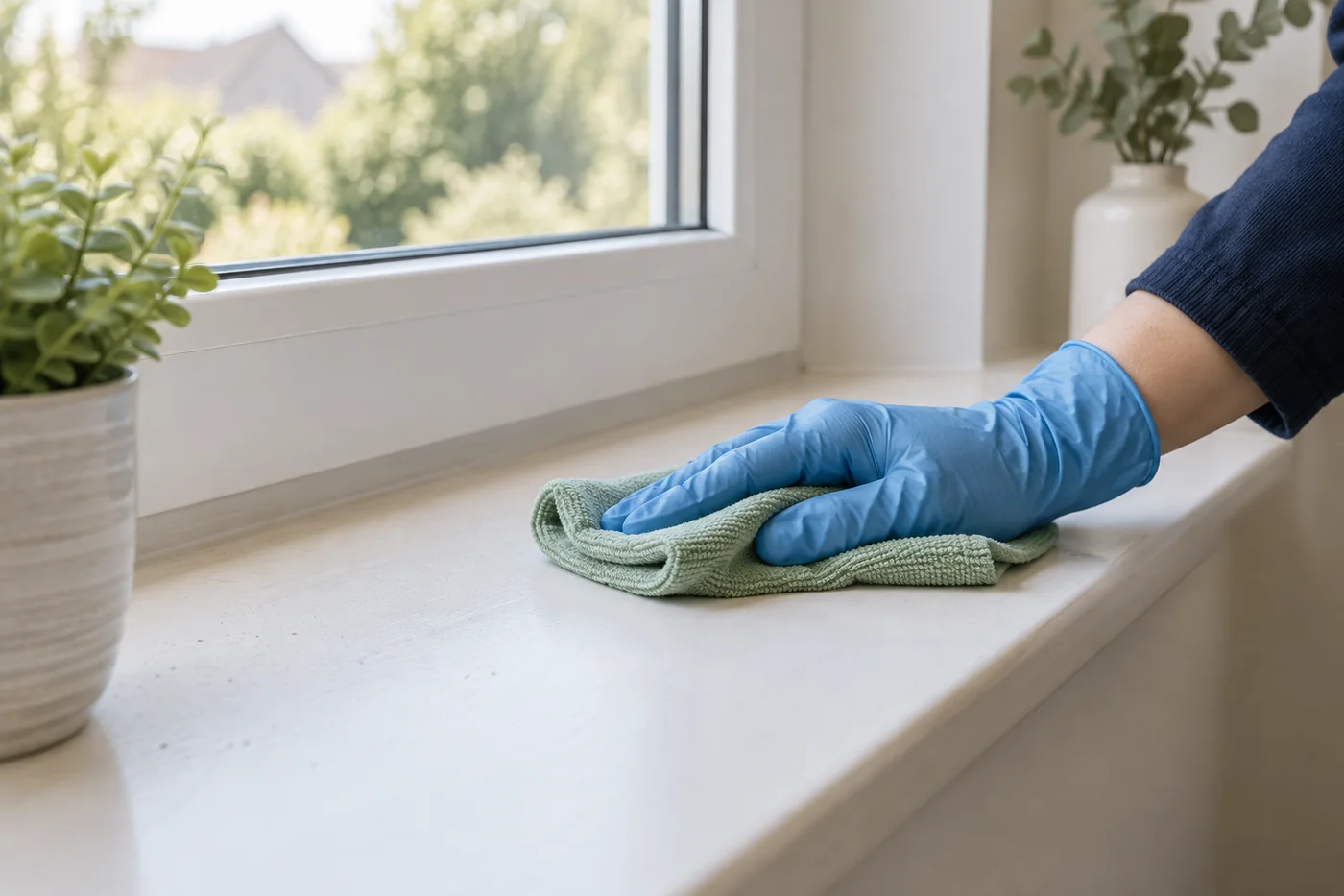Blue-gloved hand wiping light dust on an interior window sill with a sage cloth