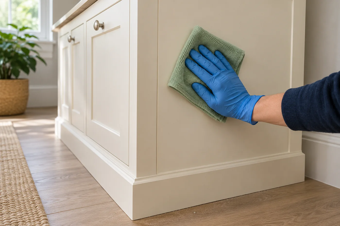 Blue-gloved hand wiping a cream cupboard side panel beside fine loose floor dust