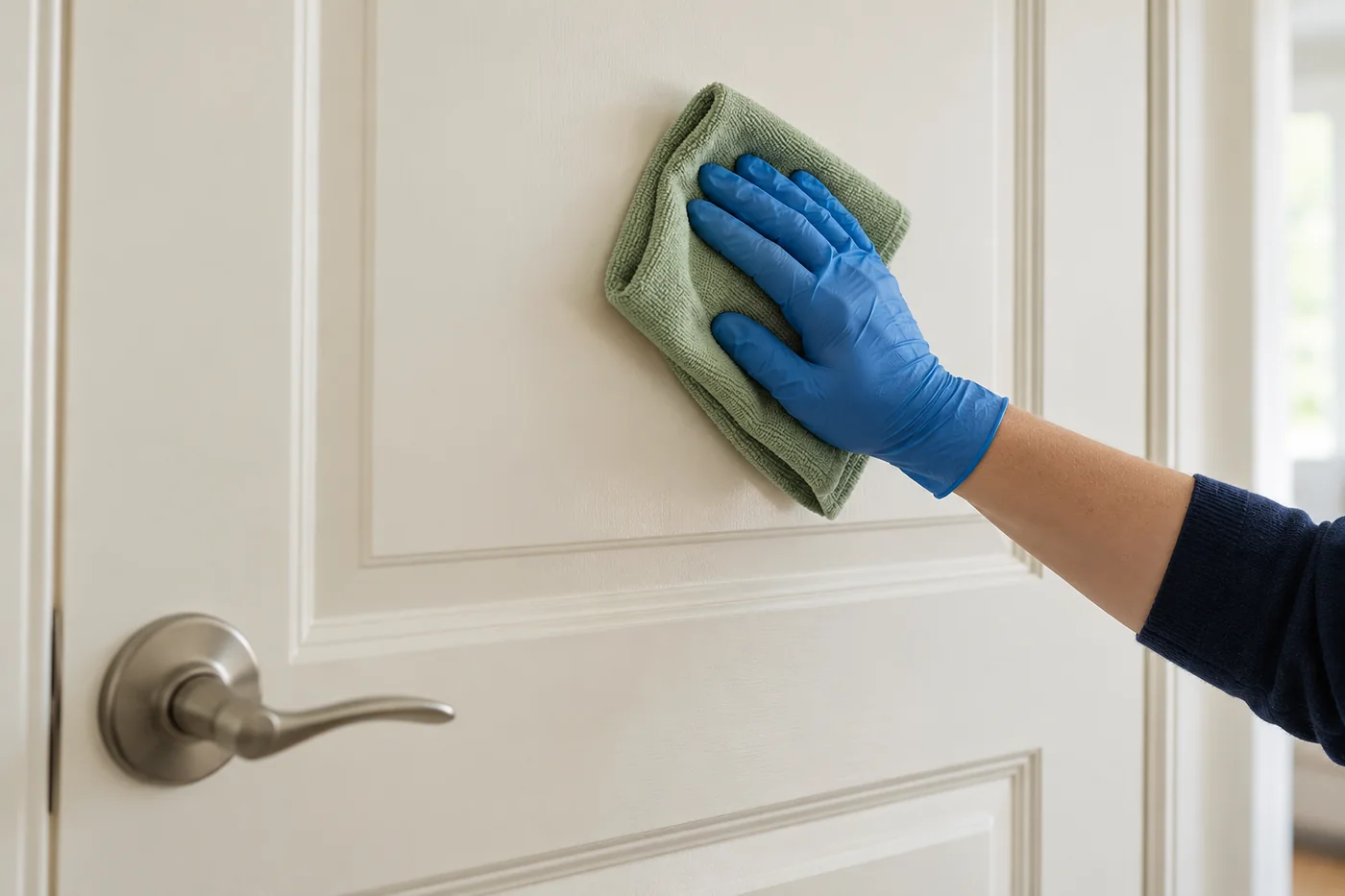 Blue-gloved hand wiping a cream interior door panel with a sage cloth