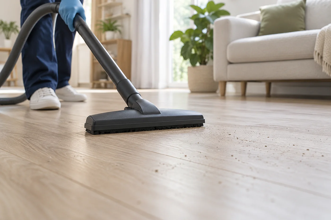 Blue-gloved hand guiding a wide vacuum head over light dust on a wooden floor