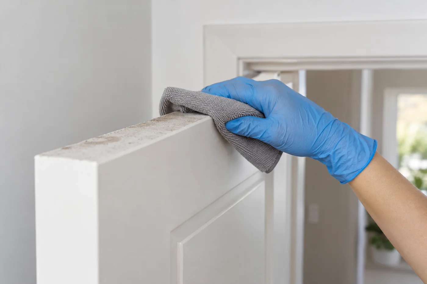 Blue-gloved hand wiping light dust from the upper edge of an open internal door