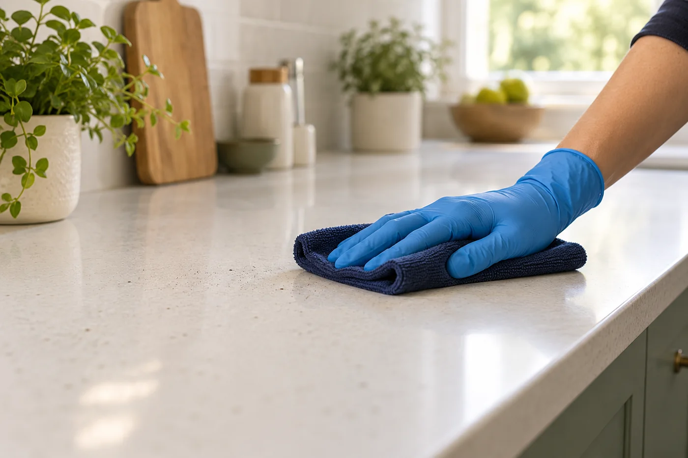 Blue-gloved hand wiping small dust particles on a pale kitchen worktop with a navy cloth