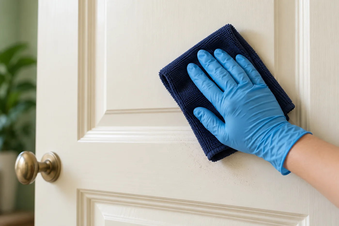 Blue-gloved hand wiping a cream painted door panel with a navy cloth beside fine dust