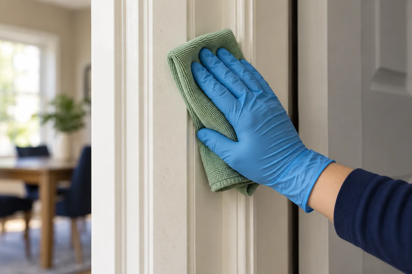 Blue-gloved hand wiping fine dust on a cream painted doorway frame with a sage cloth