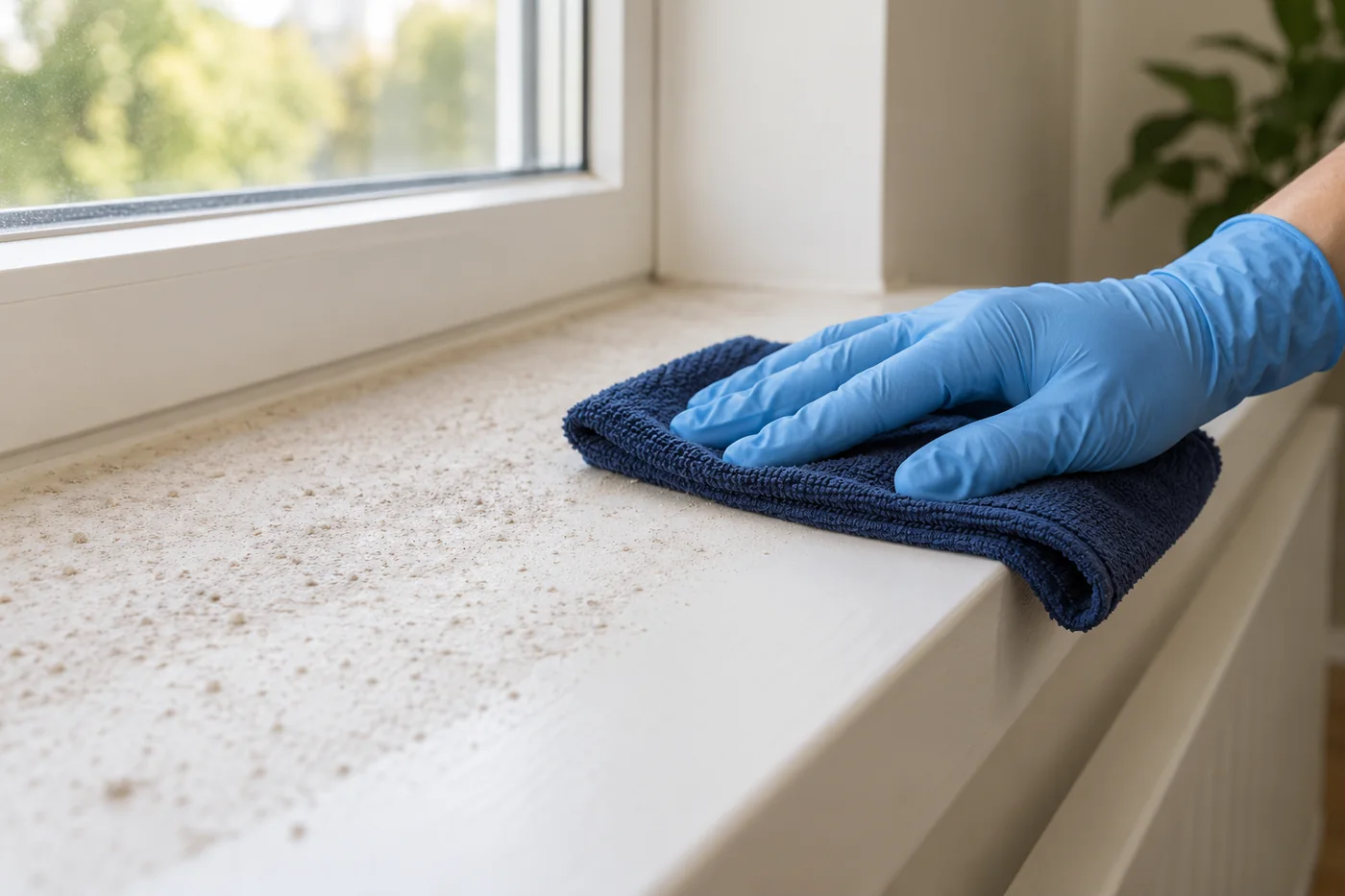 Blue-gloved hand wiping light dust on a painted window sill with a navy cloth