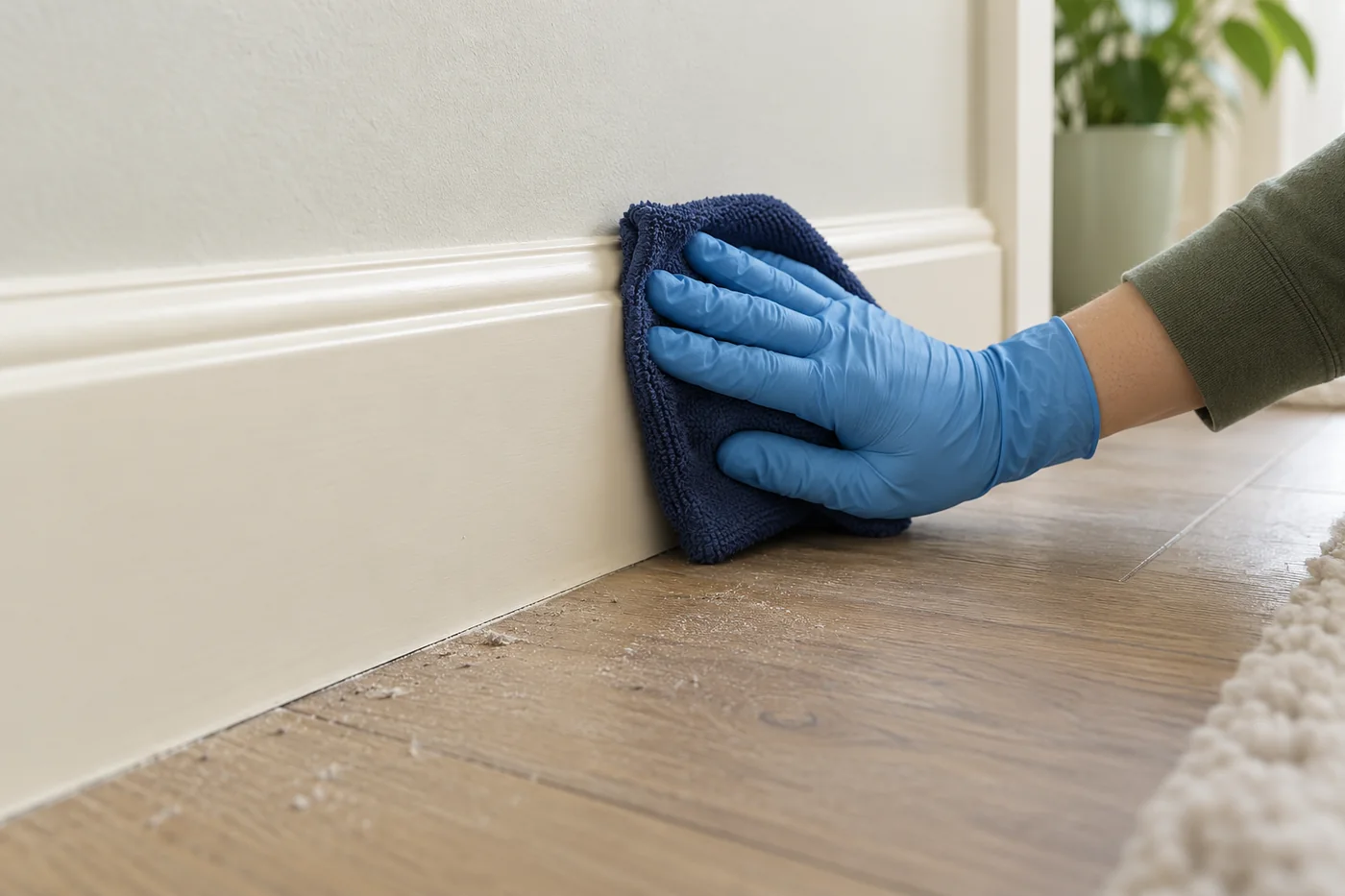 Blue-gloved hand wiping a cream skirting board beside fine loose dust
