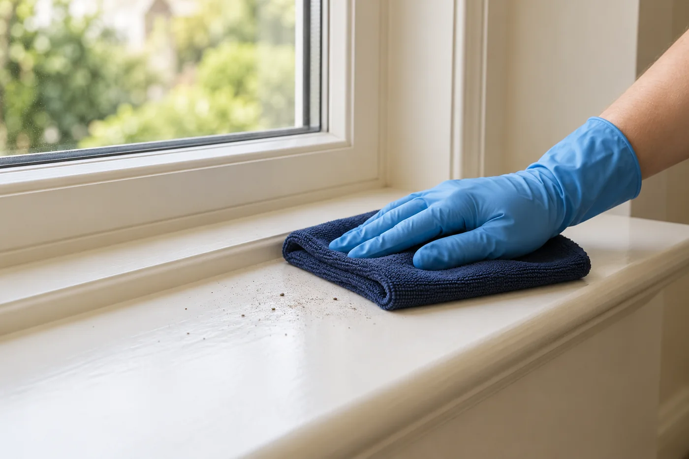 Blue-gloved hand wiping a painted window sill with a navy cloth beside loose dust