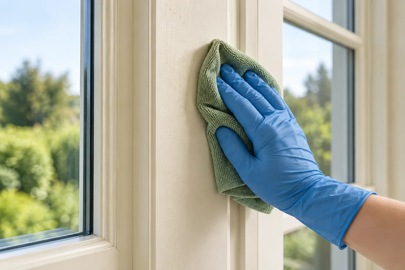 Blue-gloved hand wiping a dusty cream window-frame upright with a sage cloth