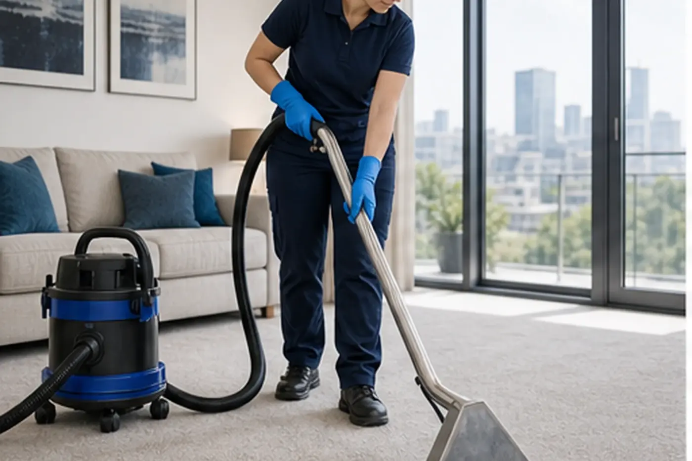 Cleaner using carpet extraction equipment in a living room