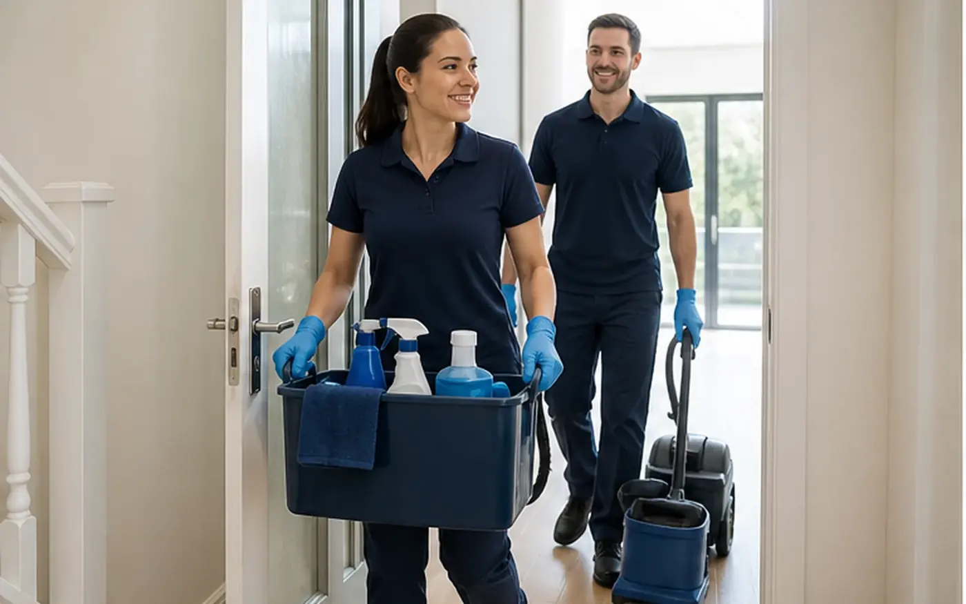 Two cleaners carrying equipment and supplies through a doorway