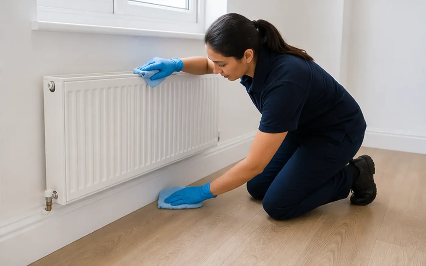 Cleaner wiping a radiator and the floor beneath it