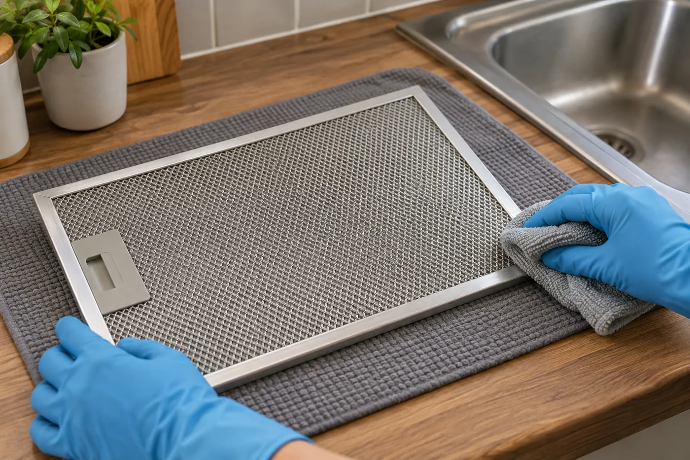 Gloved hands wiping a removable metal cooker hood filter on a protected counter