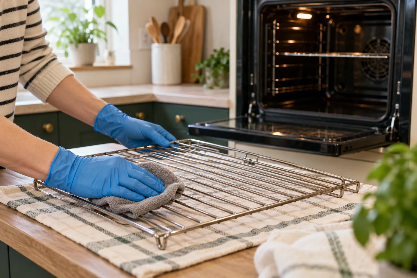 Blue gloved hands wiping an oven rack on a protected worktop