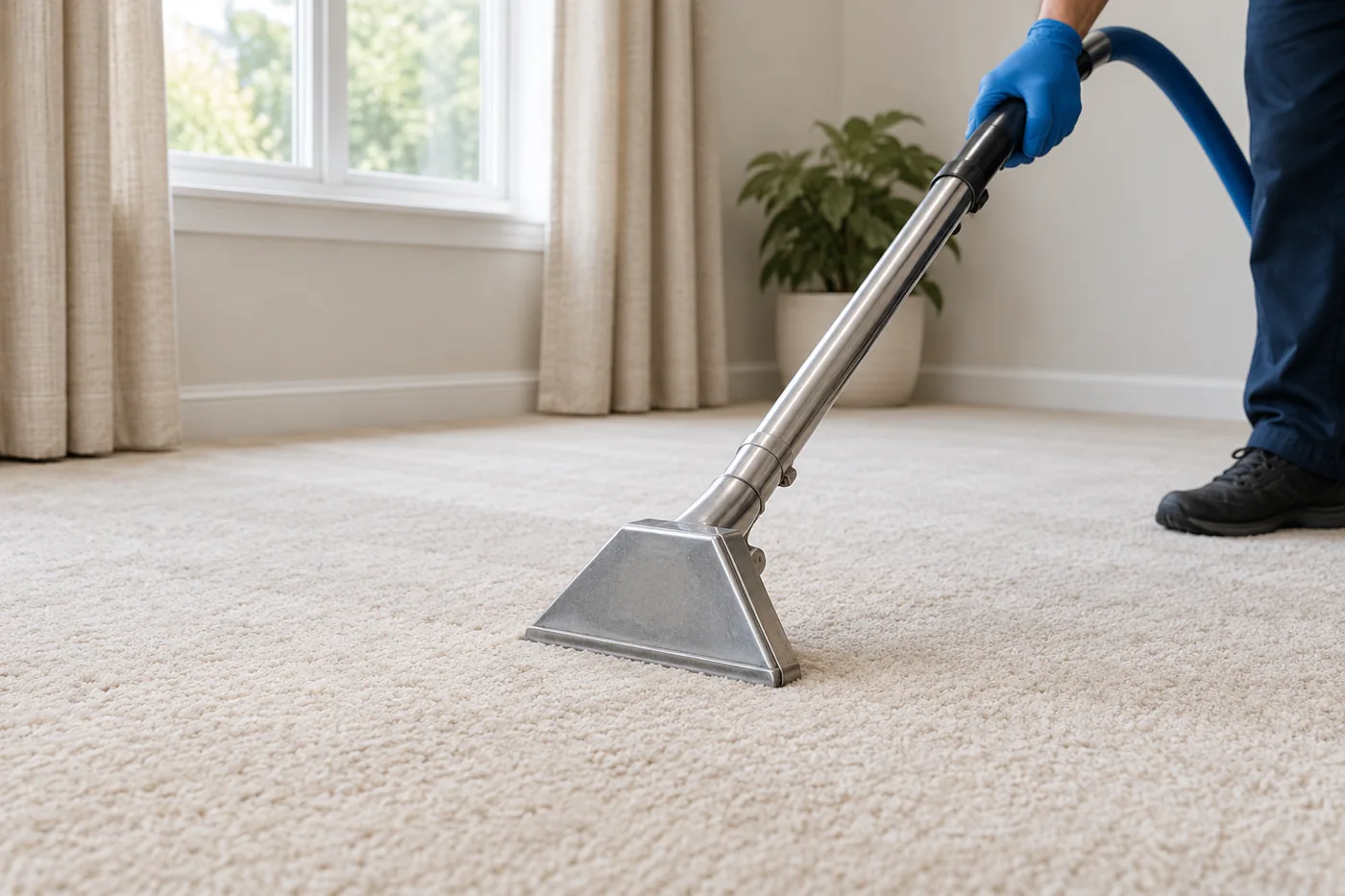 Blue-gloved hand holding an extraction wand against cream room carpet near a window