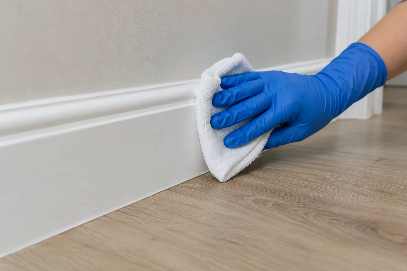 Blue-gloved hand holding a white cloth against a painted skirting board beside a wood-effect floor