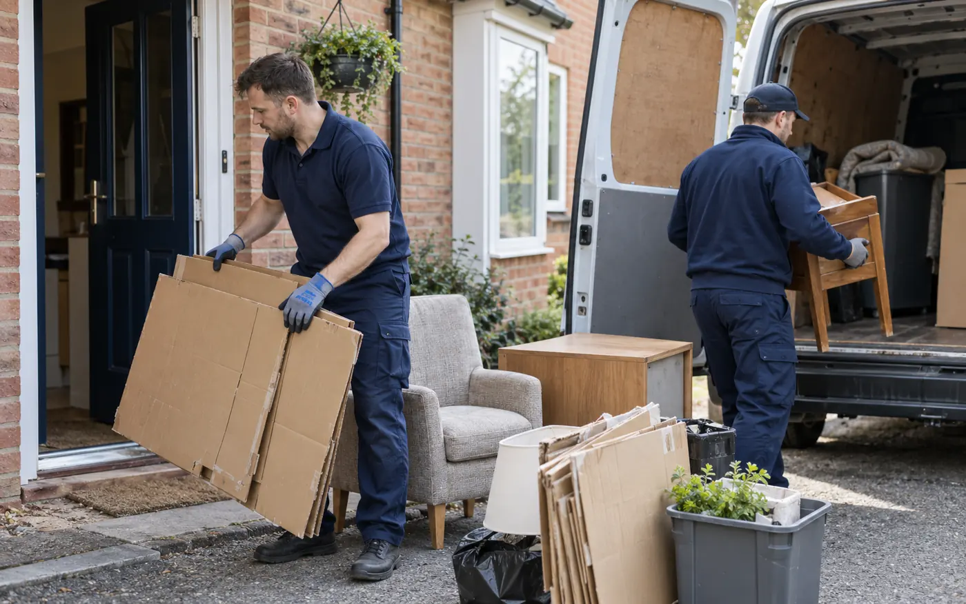 Workers loading discarded household items and cardboard into a van