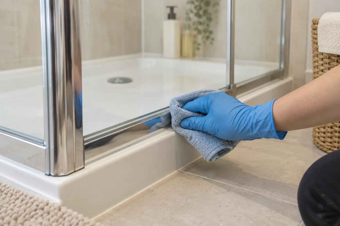Blue gloved hand wiping the lower edge of a shower screen