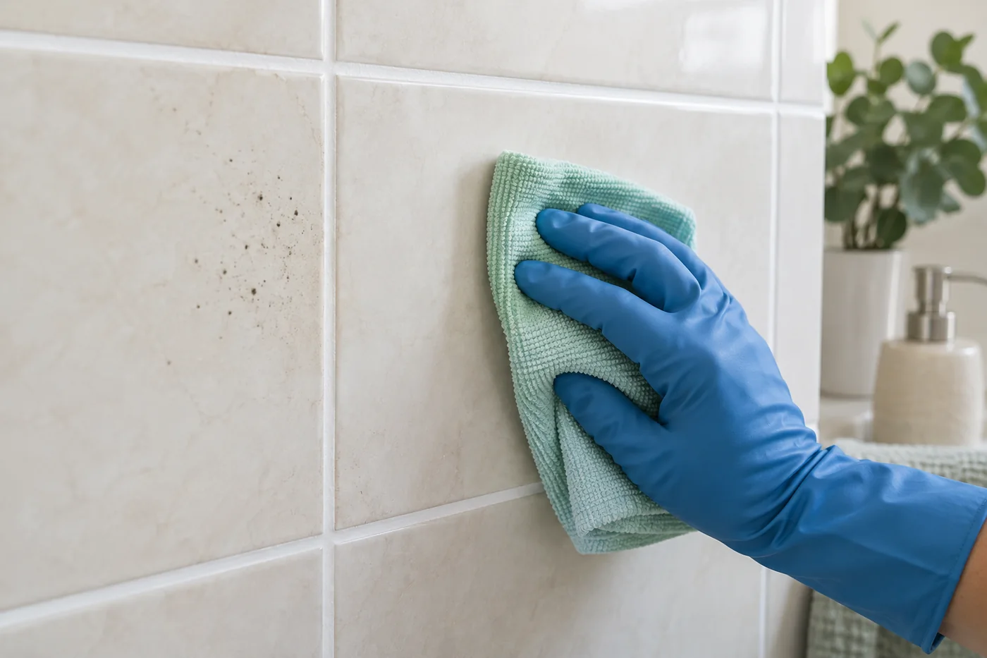 Blue-gloved hand wiping a pale bathroom tile beside small dark specks