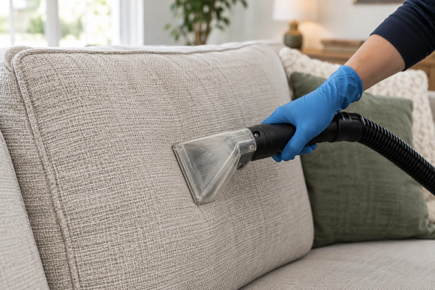 Blue-gloved hand holding an upholstery extraction nozzle against a pale sofa back cushion