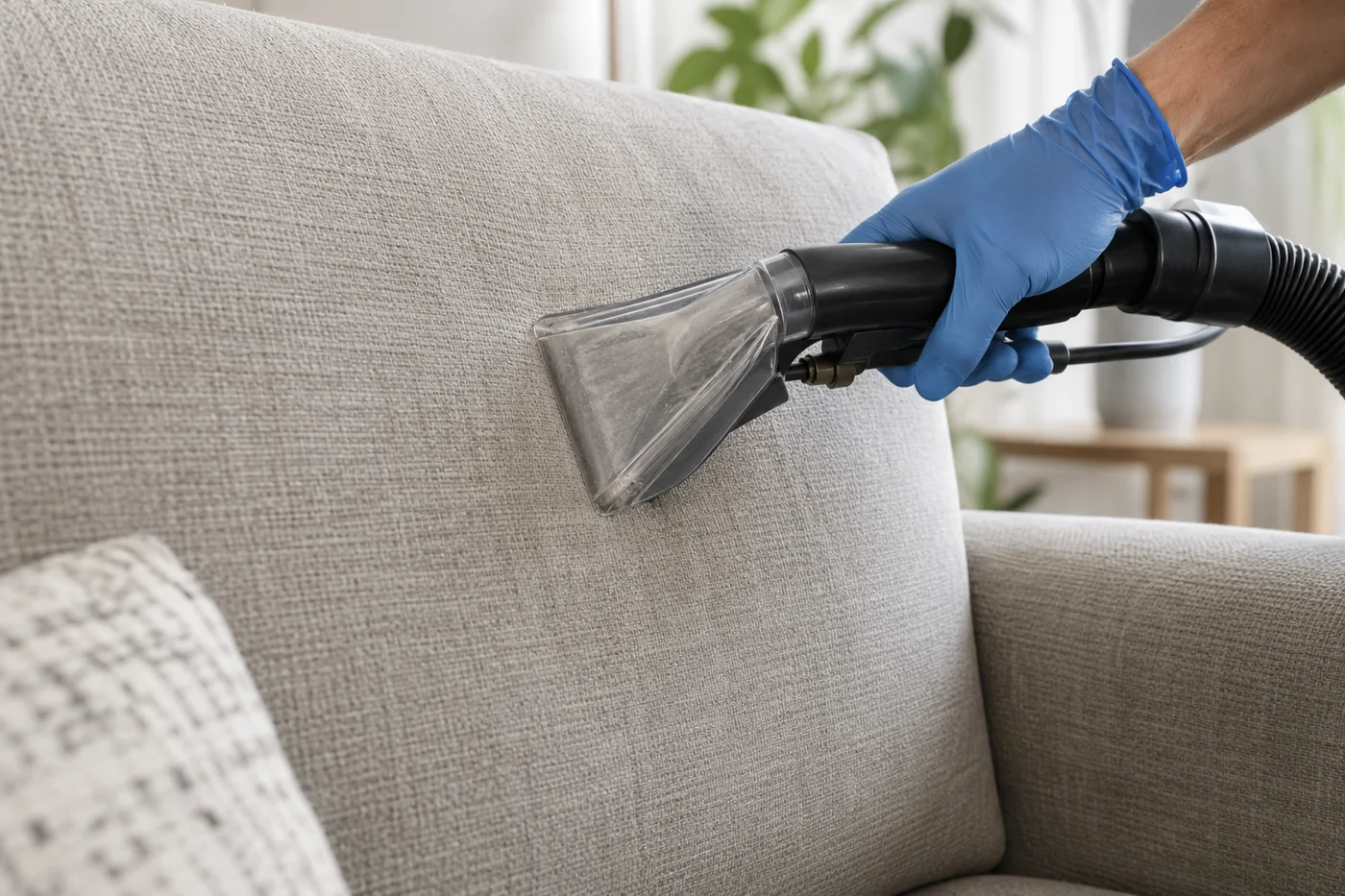Blue-gloved hand holding an upholstery tool against a neutral fabric sofa backrest