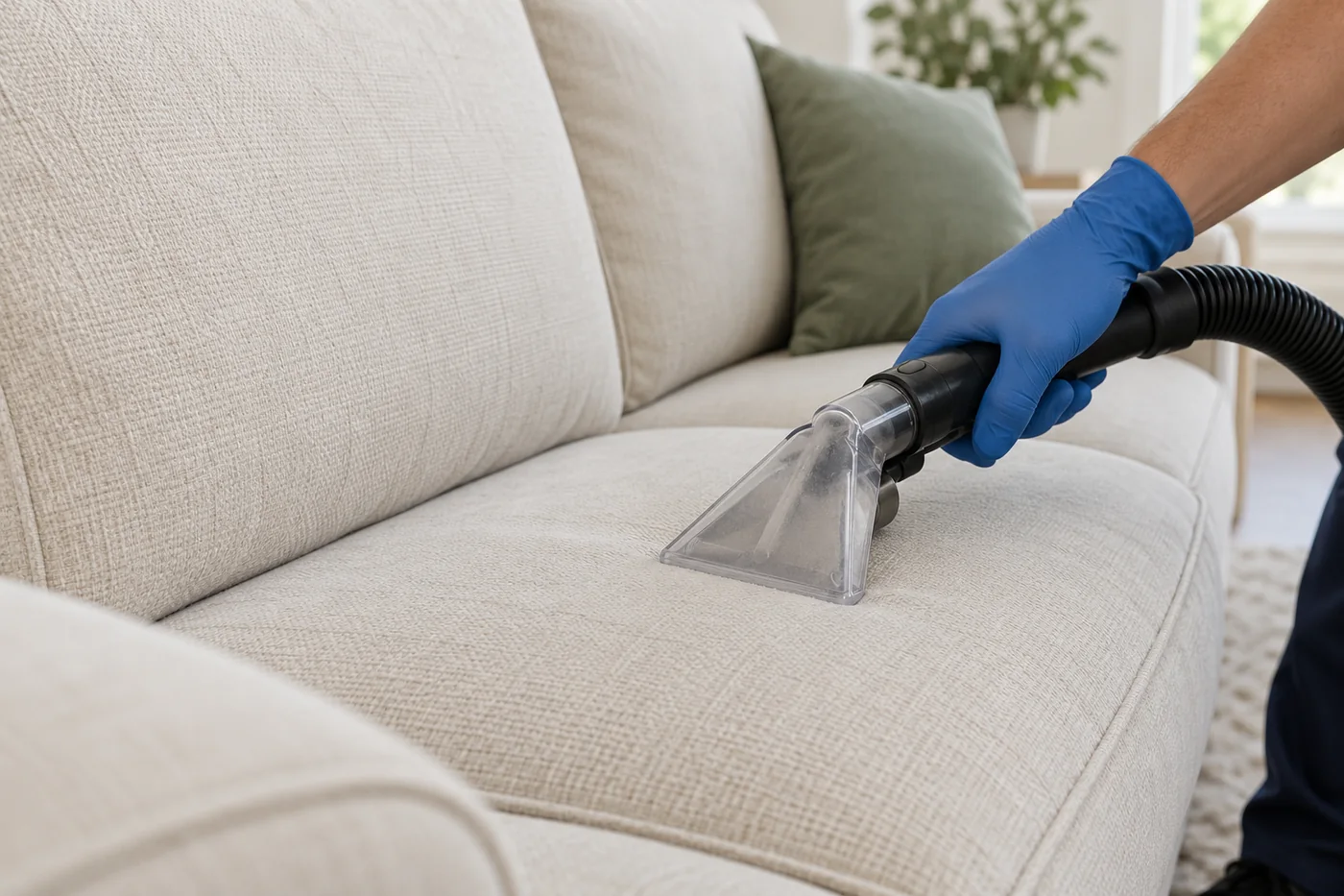Blue-gloved hand holding an upholstery nozzle against a cream sofa seat