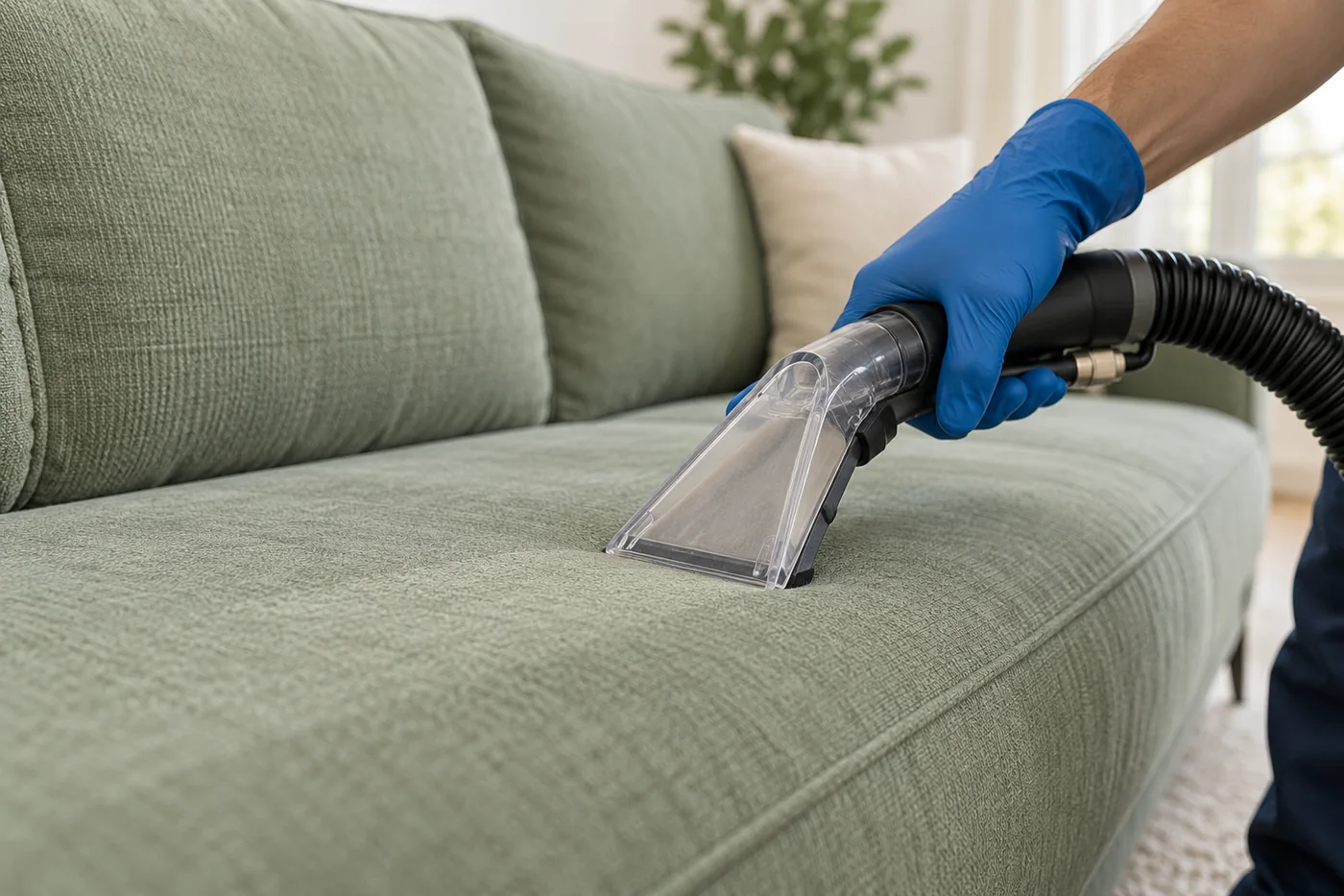 Blue-gloved hand holding an upholstery nozzle against a sage sofa seat