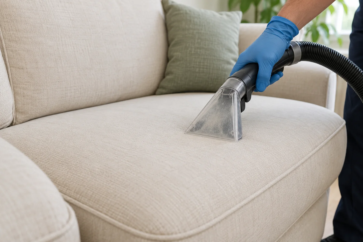 Blue-gloved hand guiding an upholstery nozzle across a cream sofa seat