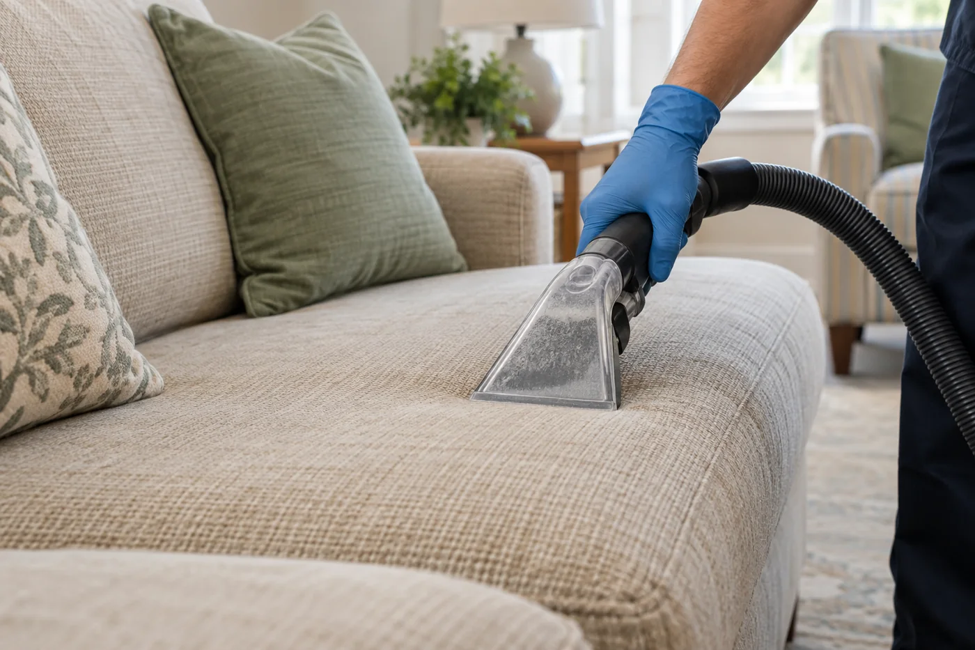 Blue-gloved hand holding an upholstery extraction nozzle against a pale sofa seat