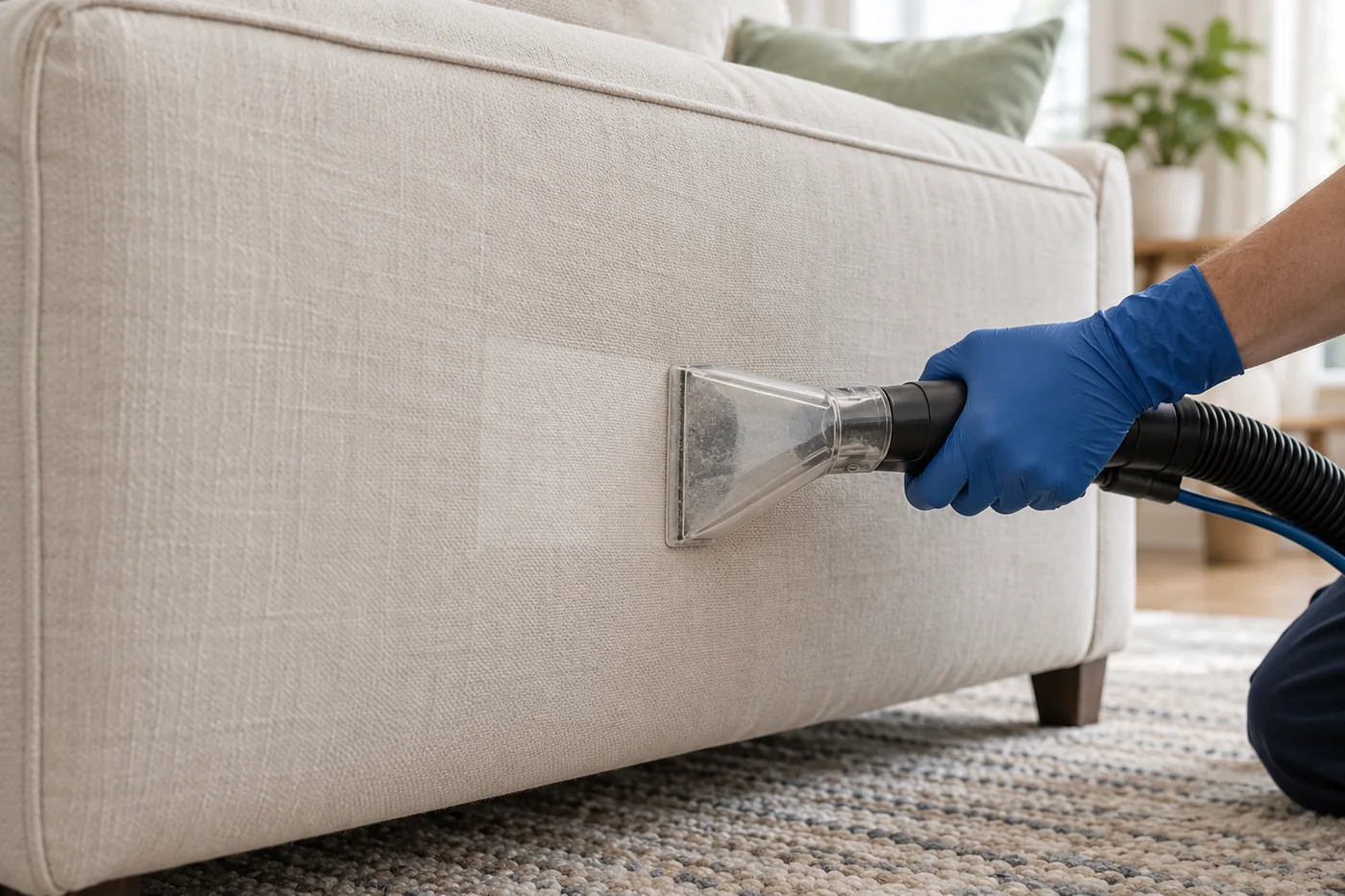 Blue-gloved hand holding an upholstery nozzle against the broad outer fabric back of a cream sofa