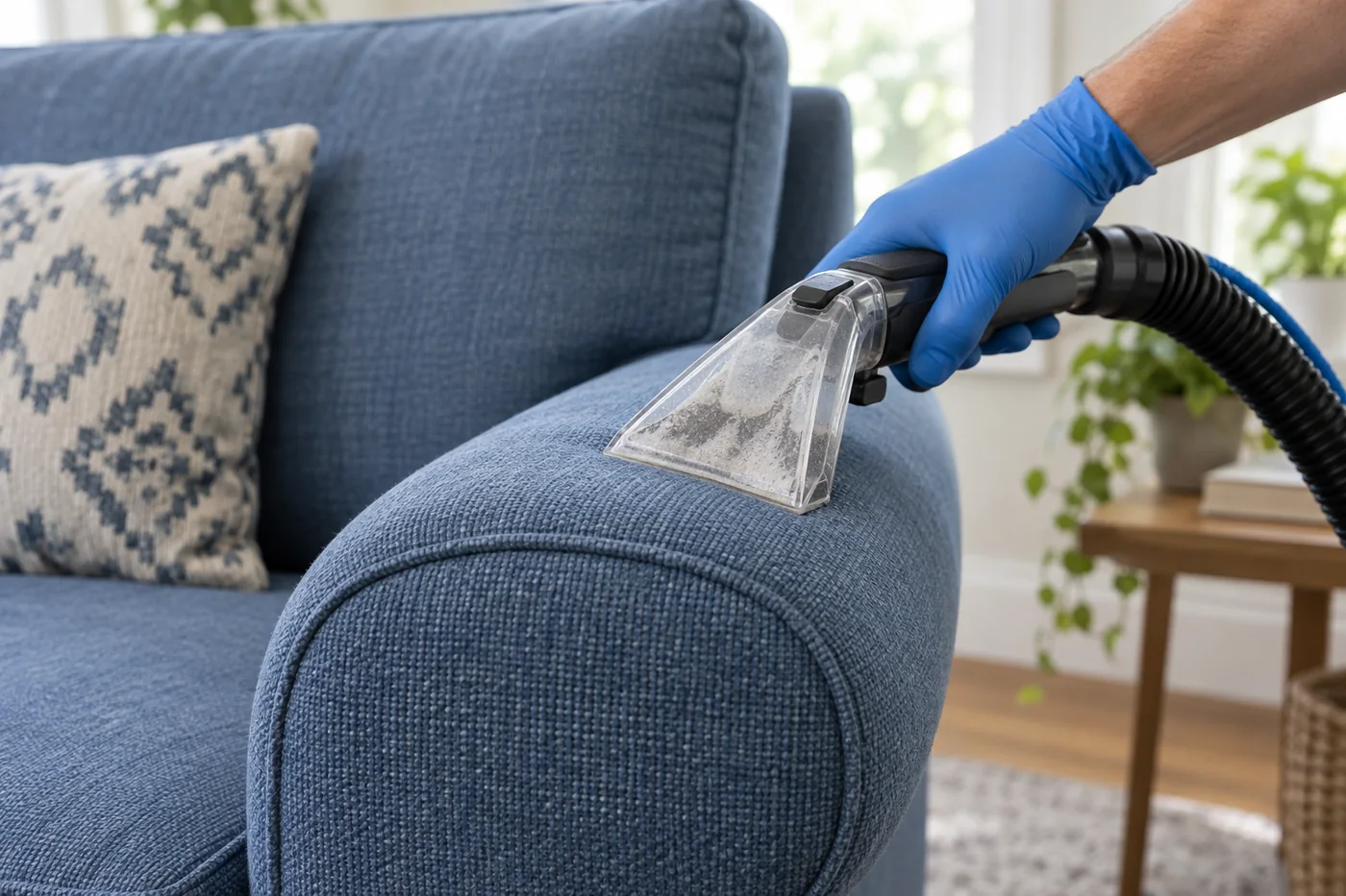Gloved hand holding an upholstery extraction tool against a blue fabric armchair arm