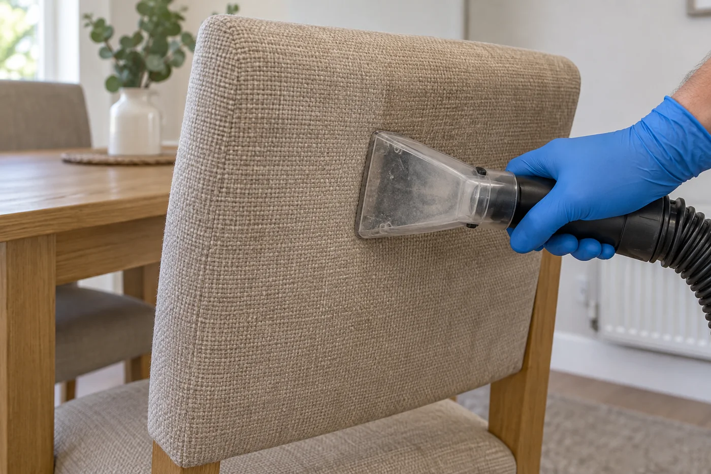 Blue-gloved hand holding an upholstery tool against a beige fabric chair backrest