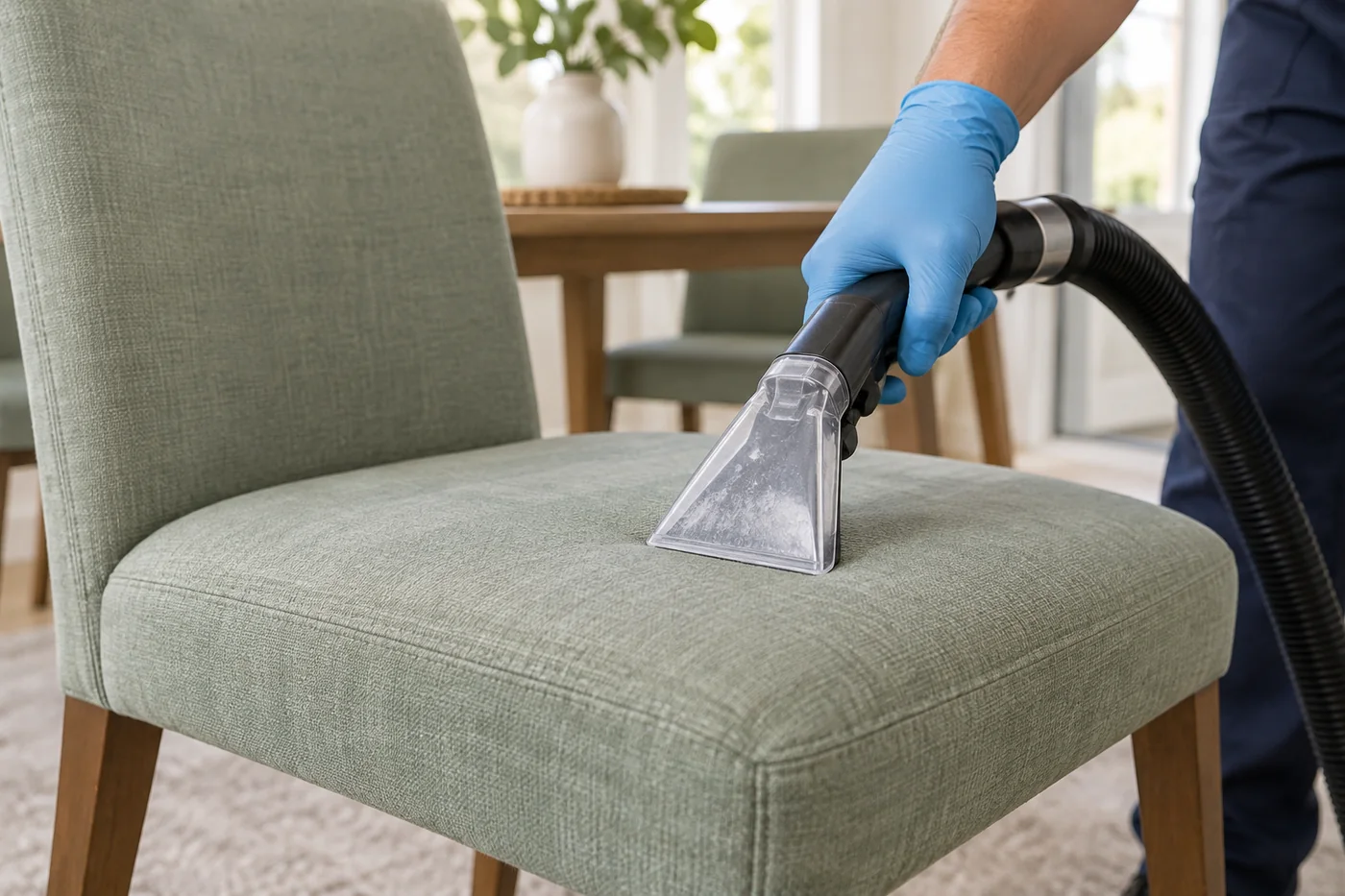 Blue-gloved hand holding a transparent upholstery nozzle against a sage dining-chair seat