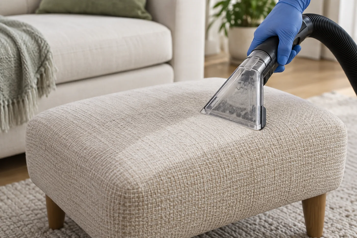Blue-gloved hand holding an upholstery extraction nozzle against a pale fabric footstool