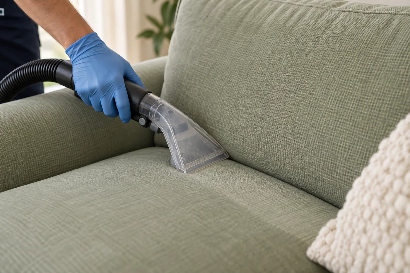 Blue-gloved hand holding an upholstery nozzle against a sage sofa seat beside the back cushion
