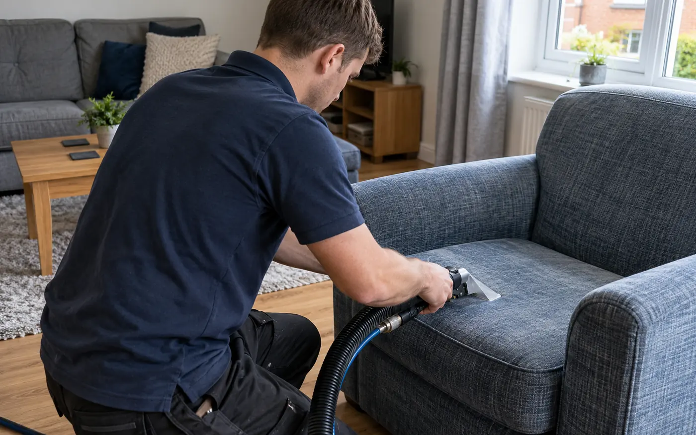 Cleaner extracting dirt from a fabric armchair