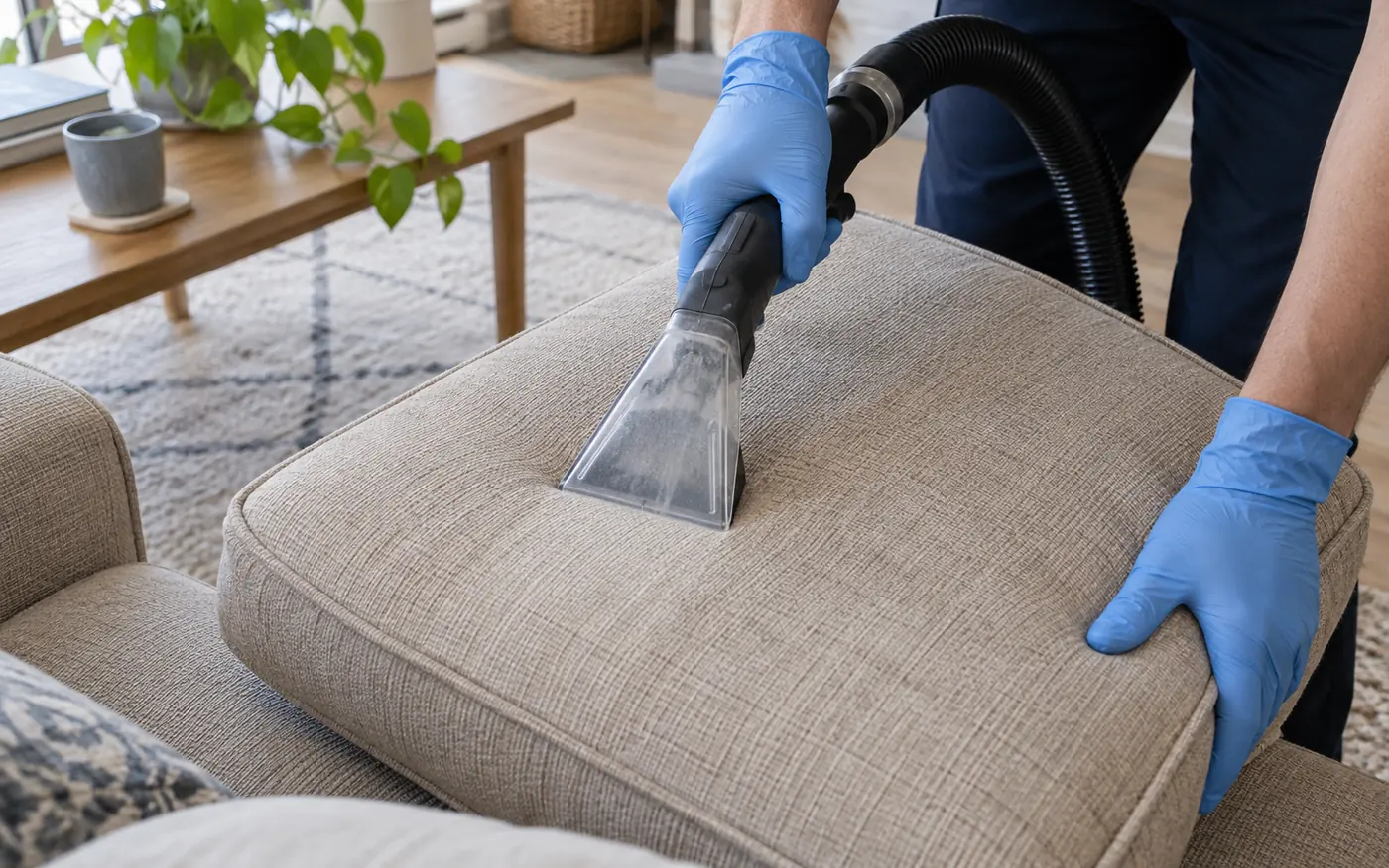 Gloved hands using an upholstery extraction nozzle on a seat cushion