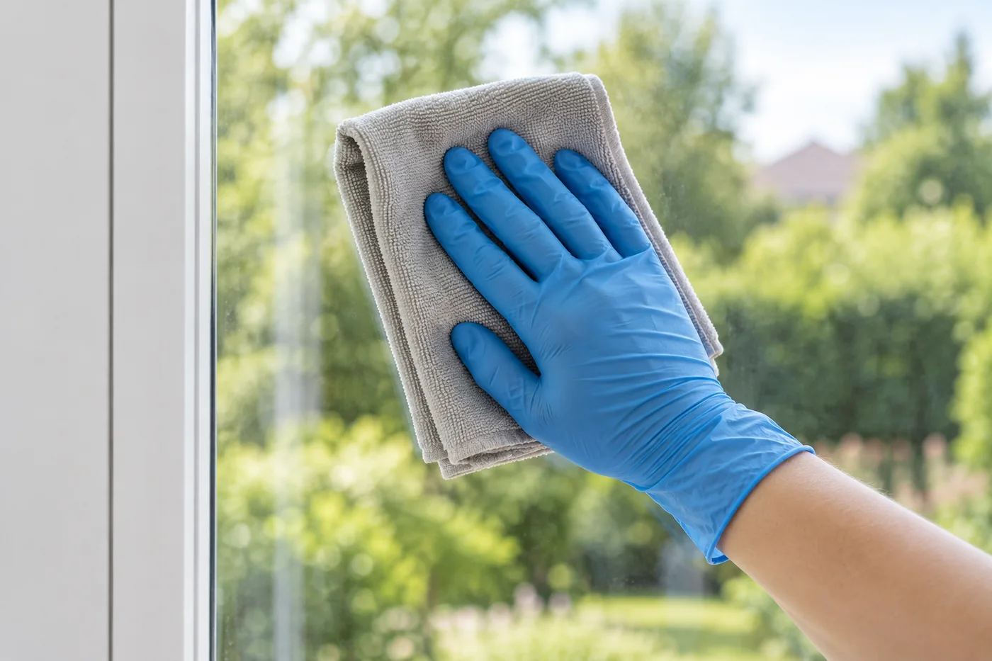 Blue-gloved hand holding a folded cloth against an interior vertical window pane