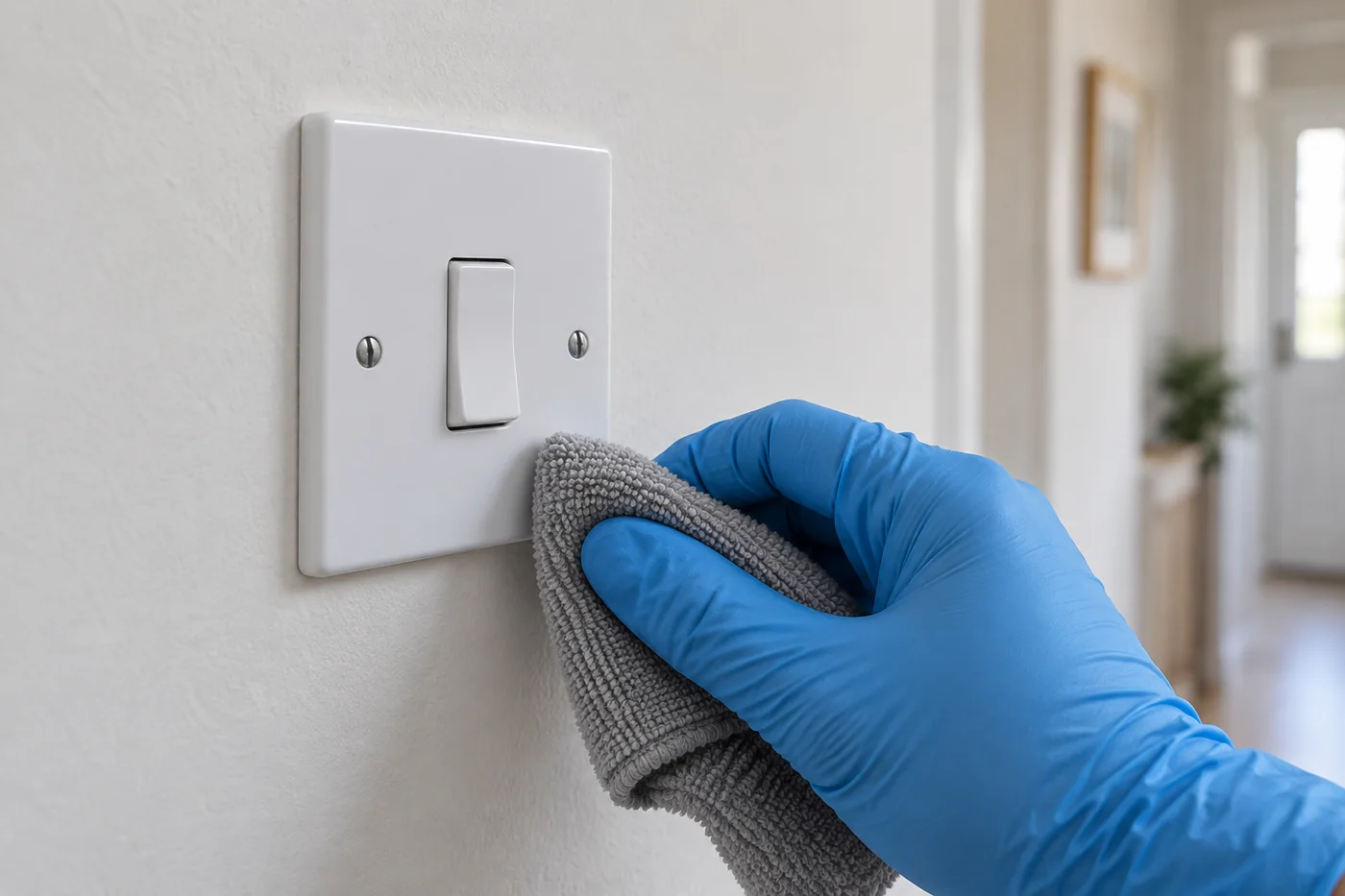 Gloved hand holding a dry folded cloth at the edge of an intact wall light-switch plate