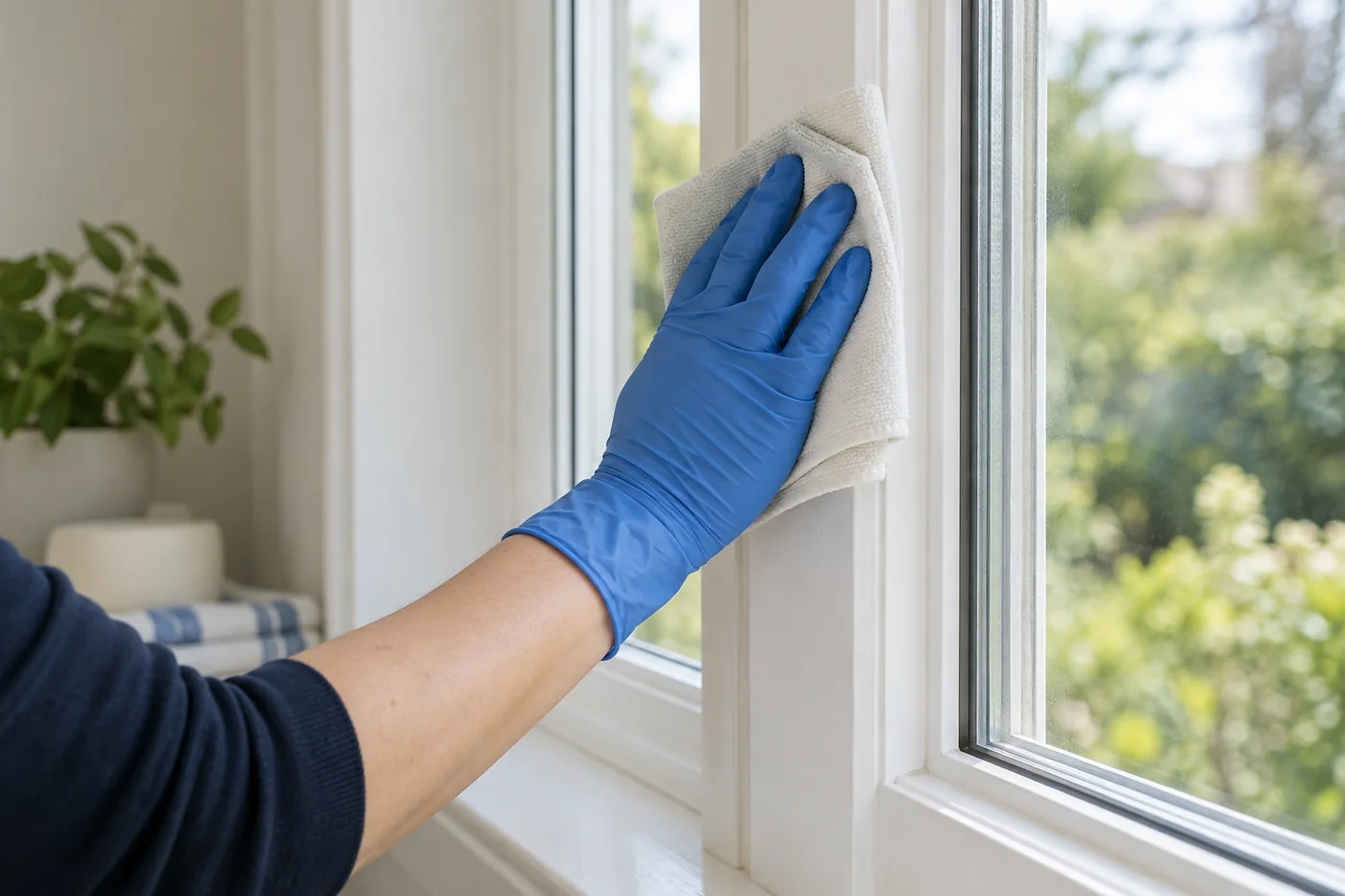 Blue-gloved hand wiping a broad white window frame with a pale cloth