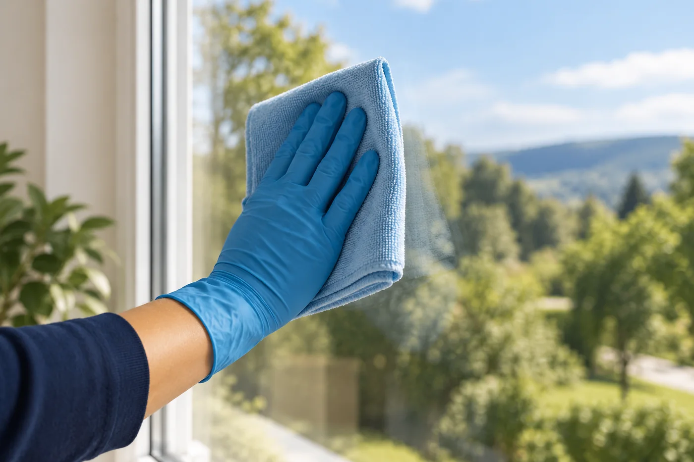 Blue-gloved hand pressing a pale blue cloth against clear window glass