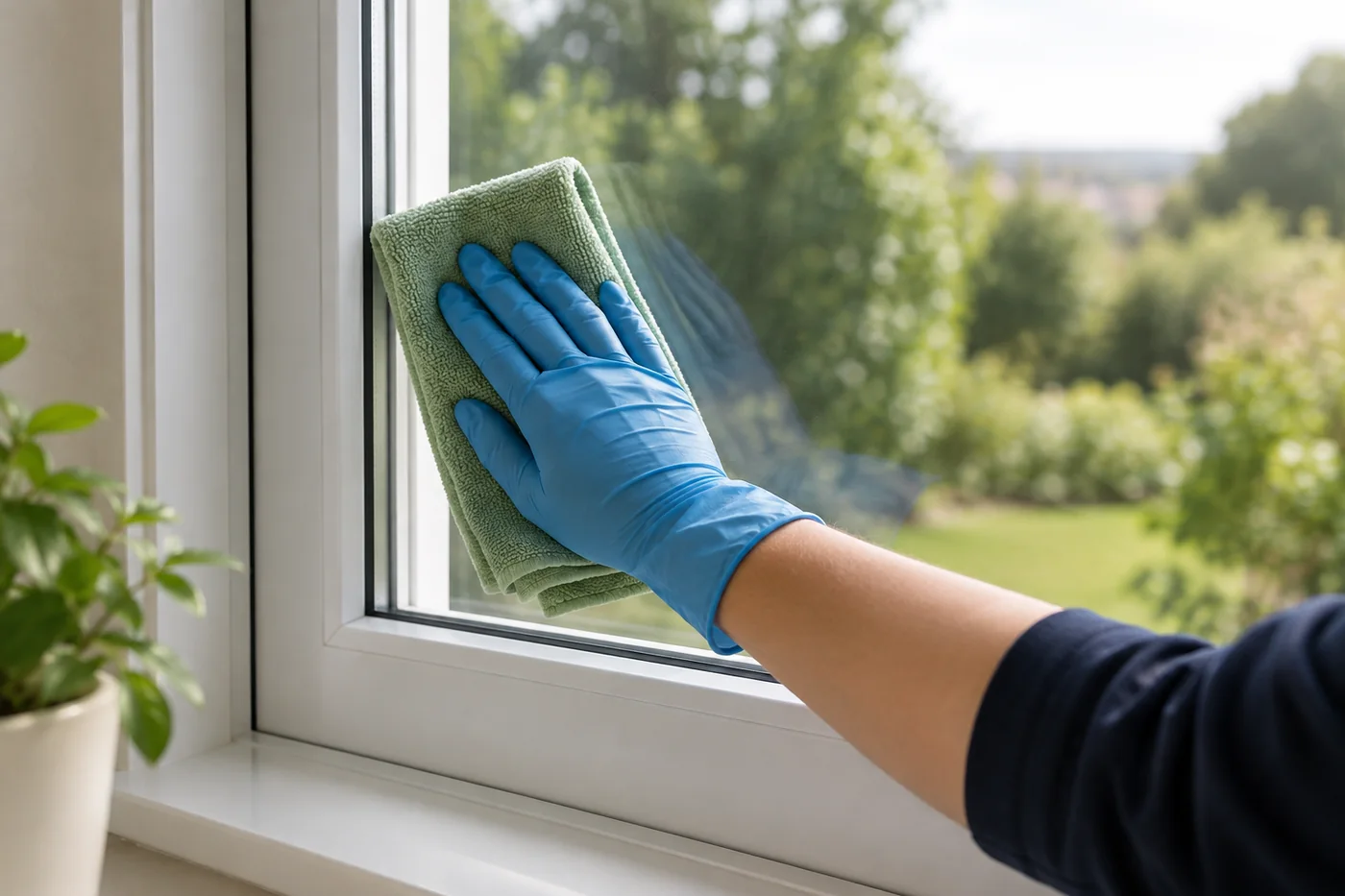 Blue-gloved hand wiping the lower-left glass area of a closed window with a sage cloth