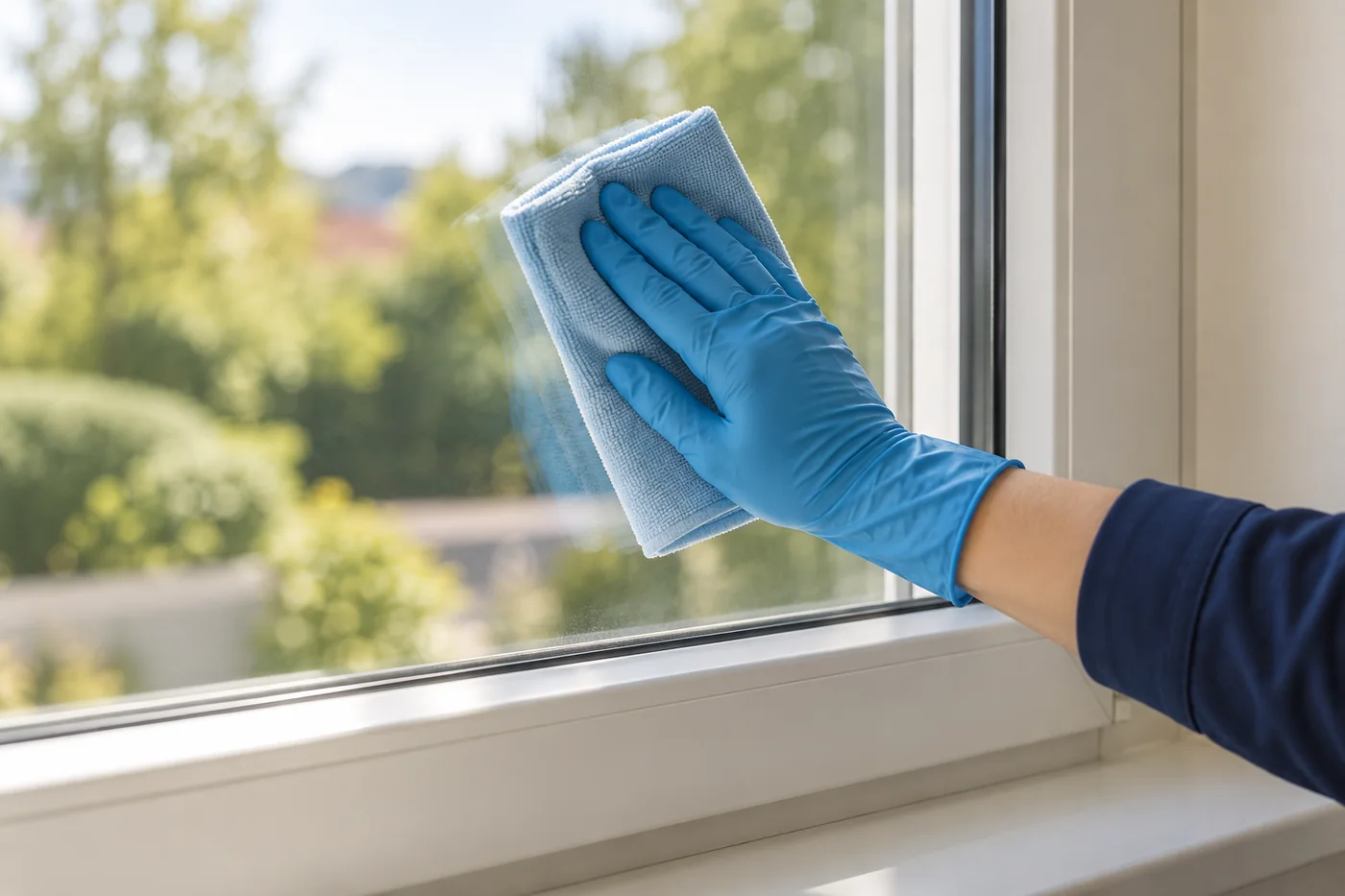 Blue-gloved hand pressing a folded pale blue cloth against window glass