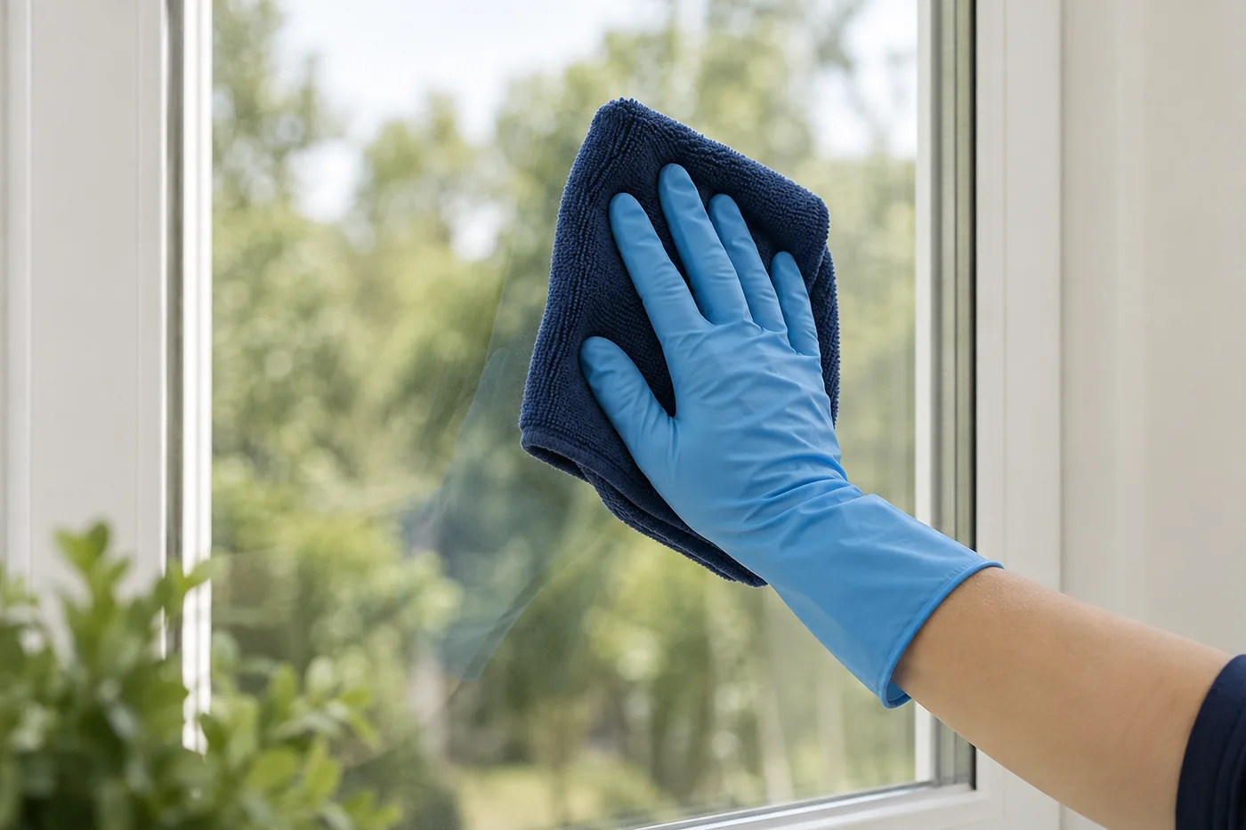 Blue-gloved hand wiping the middle of a closed window pane with a folded navy cloth