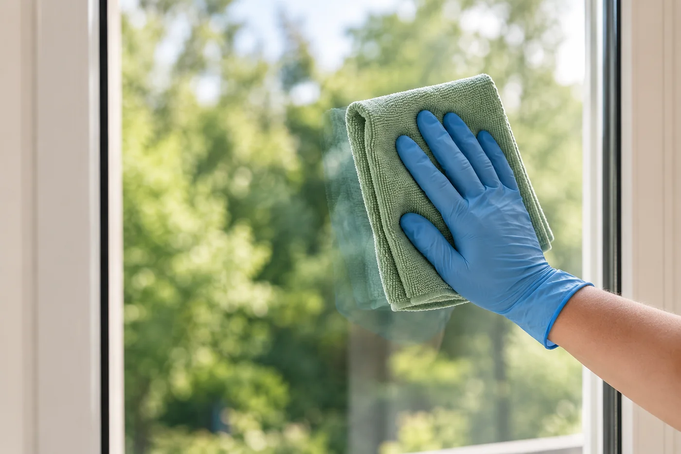 Blue-gloved hand pressing a sage cloth against clear window glass
