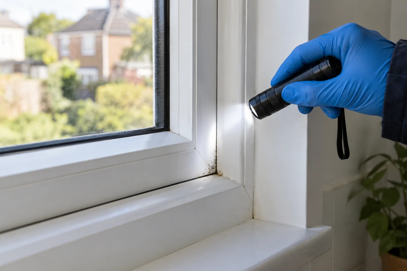 Gloved hand using a torch to inspect small dark marks along a closed window seal