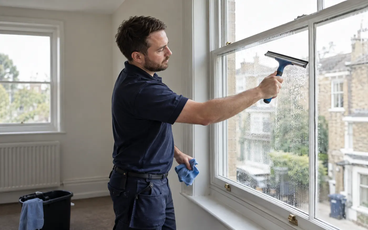 Cleaner using a squeegee on an interior sash window