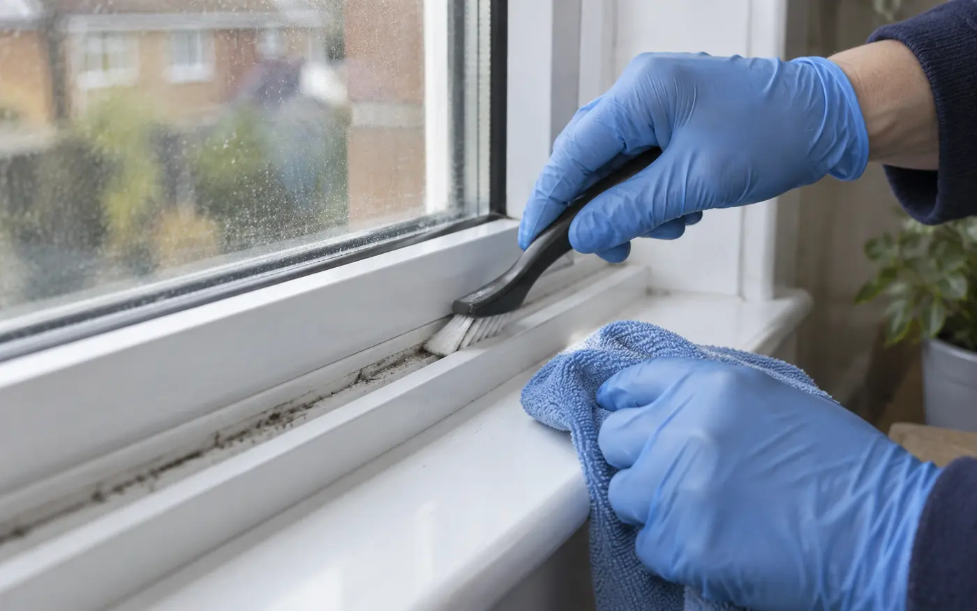 Gloved hands brushing dirt from a window track