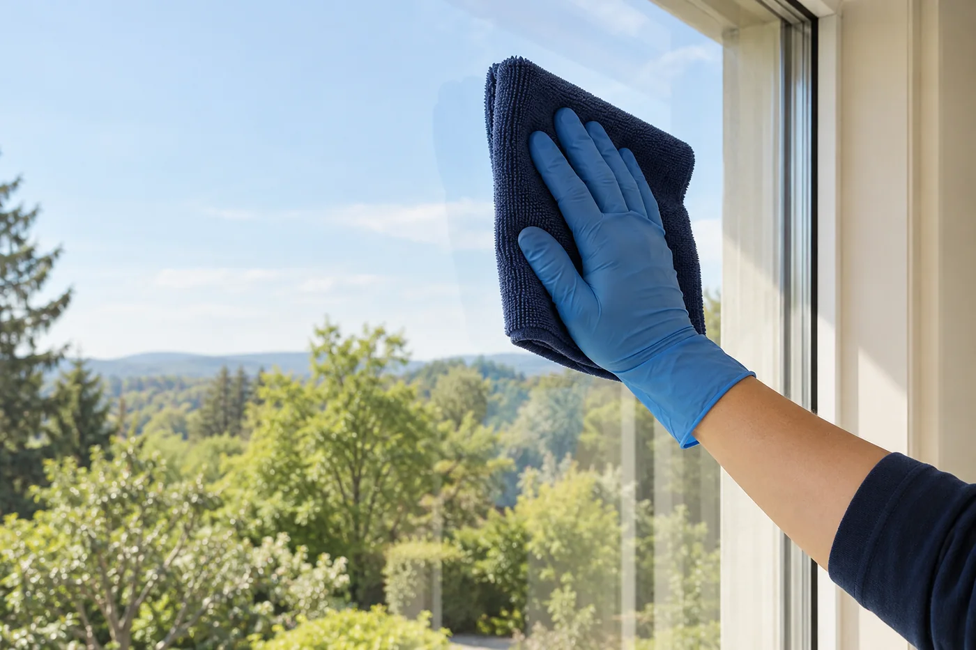 Blue-gloved hand pressing a navy cloth against the upper area of clear window glass