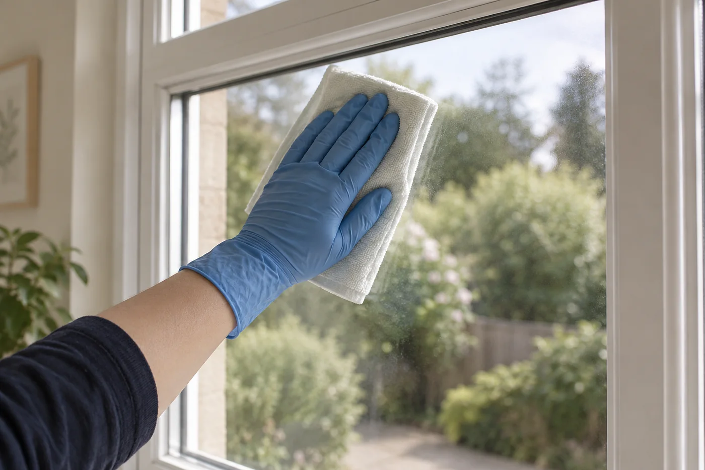 Blue-gloved hand wiping an upper interior window pane with a pale cloth